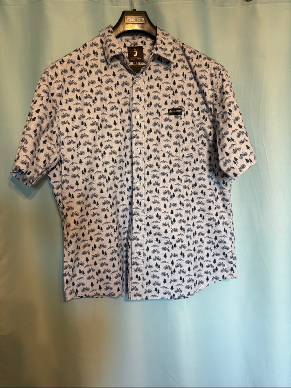Men's Short-Sleeve Casual Button-Down Shirt - Light Blue with Navy Biking Print